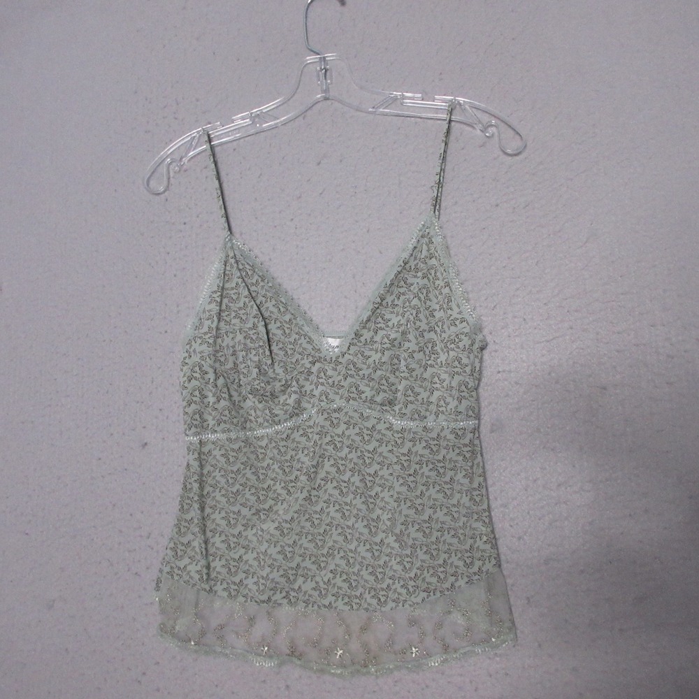 Vintage Etam Cami Top Green Floral Lace Trim Y2K 90s Fairy Dainty Coquette Boho